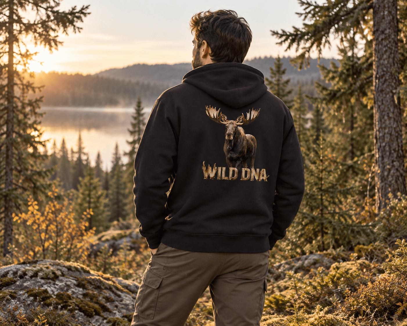 Outdoor lifestyle illustration of the Wild DNA Moose Hoodie beside a forest lake